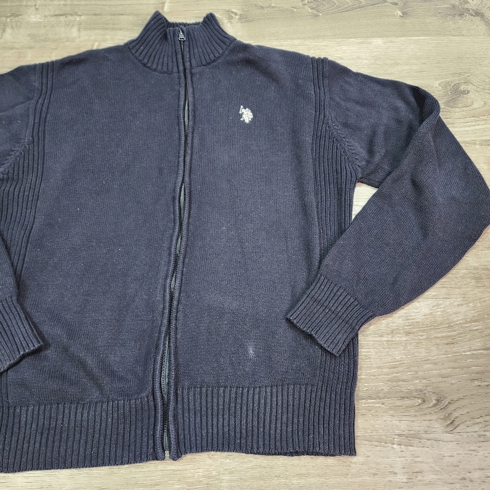 US POLO ASSN 100% Cotton Knit Full Zip Navy Blue Sweater Cardigan Men's Size XL